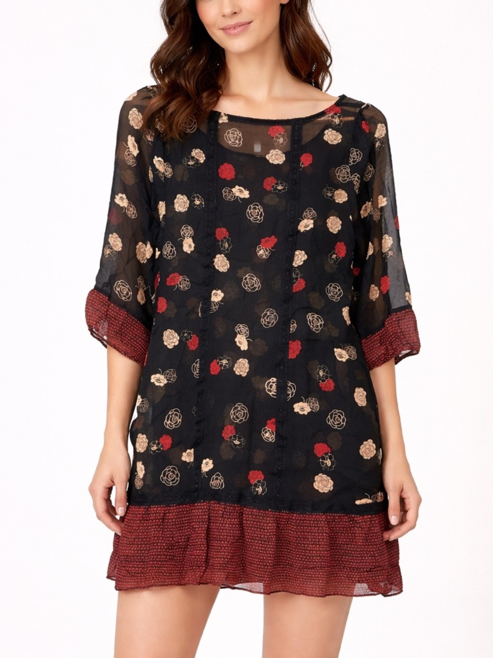 Anthropologie Moulinette Soeurs Black Floral Rose Silk Shift Tunic Dress